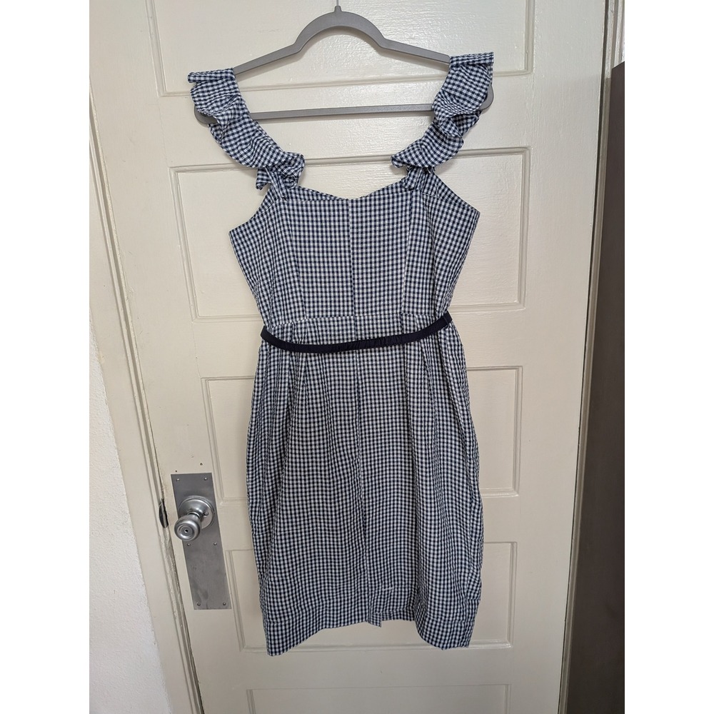 Gal Meets Glam Carly Navy Blue White Gingham Belted Dress Size 8 - Picture 7 of 8